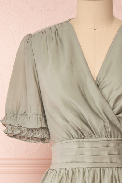 Gretta Sage Short Sleeve Midi A-Line Dress | Boutique 1861 front close-up