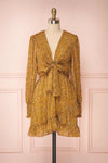Guada Mustard Yellow Patterned Long Sleeved Dress | Boutique 1861 front view bow