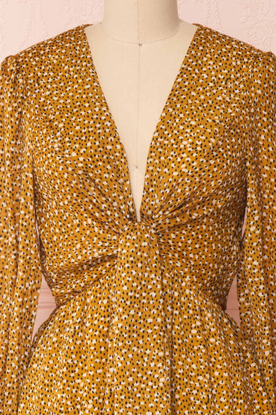 Guada Mustard Yellow Patterned Long Sleeved Dress | Boutique 1861 front close-up