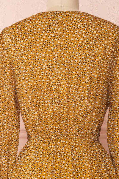 Guada Mustard Yellow Patterned Long Sleeved Dress | Boutique 1861 back close-up