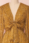 Guada Mustard Yellow Patterned Long Sleeved Dress | Boutique 1861 front close-up bow