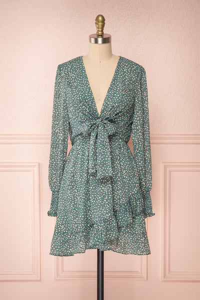 Guada Turquoise Teal Patterned Long Sleeved Dress | Boutique 1861 front view bow