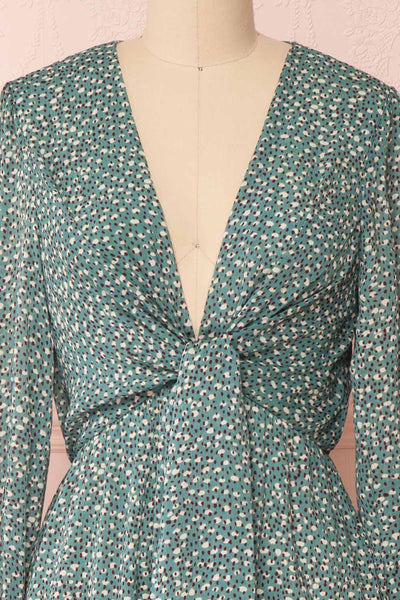 Guada Turquoise Teal Patterned Long Sleeved Dress | Boutique 1861 front close-up