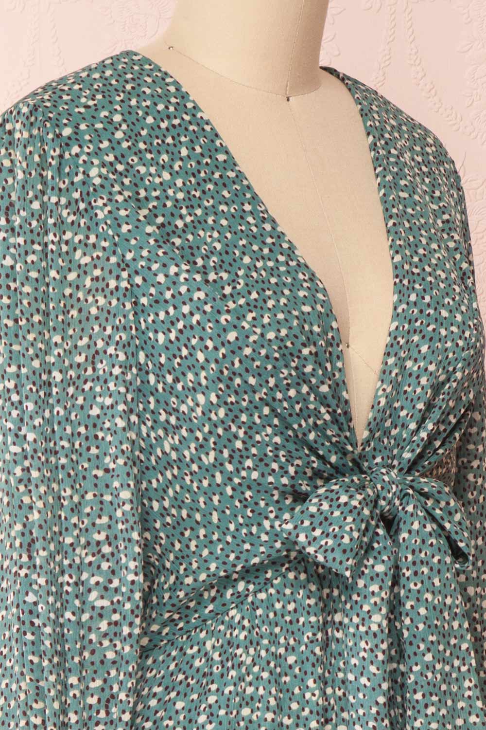 Guada Turquoise Teal Patterned Long Sleeved Dress | Boutique 1861 side close-up
