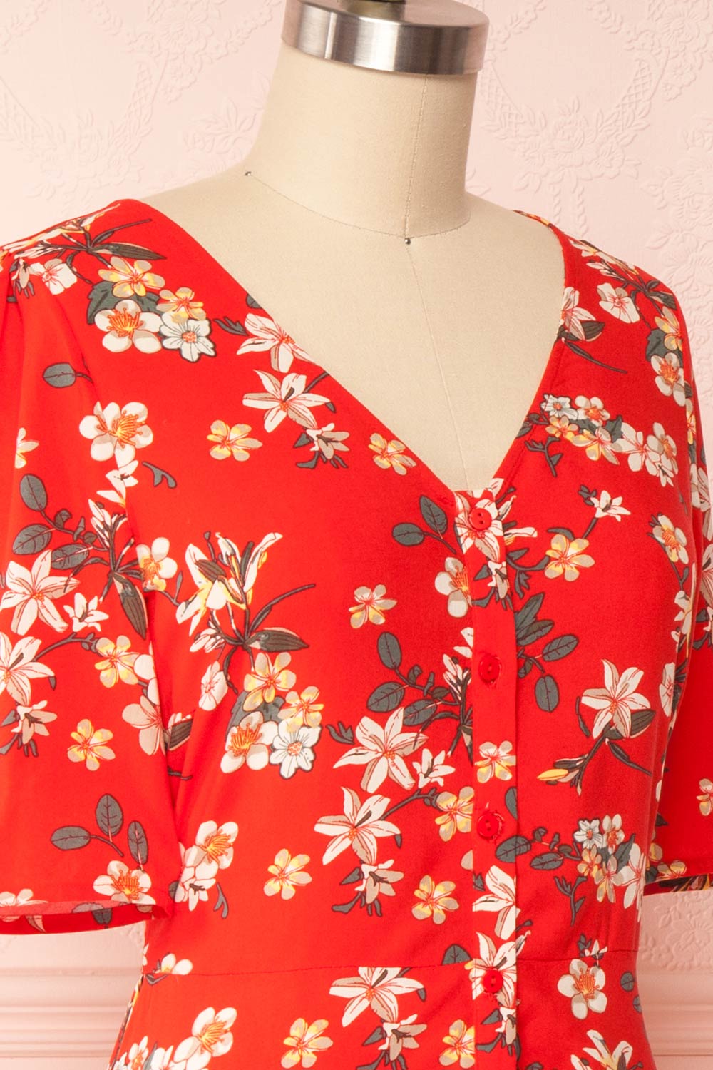 Guadalup Short Red Floral Dress | Boutique 1861 side close up
