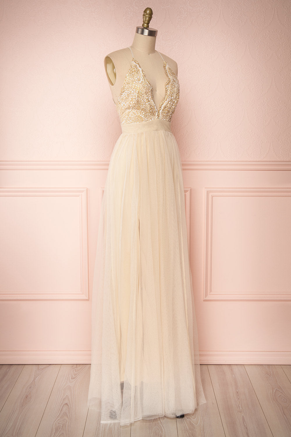 Gunvor Beige Mesh Gown with Glitter | Boutique 1861 side view 