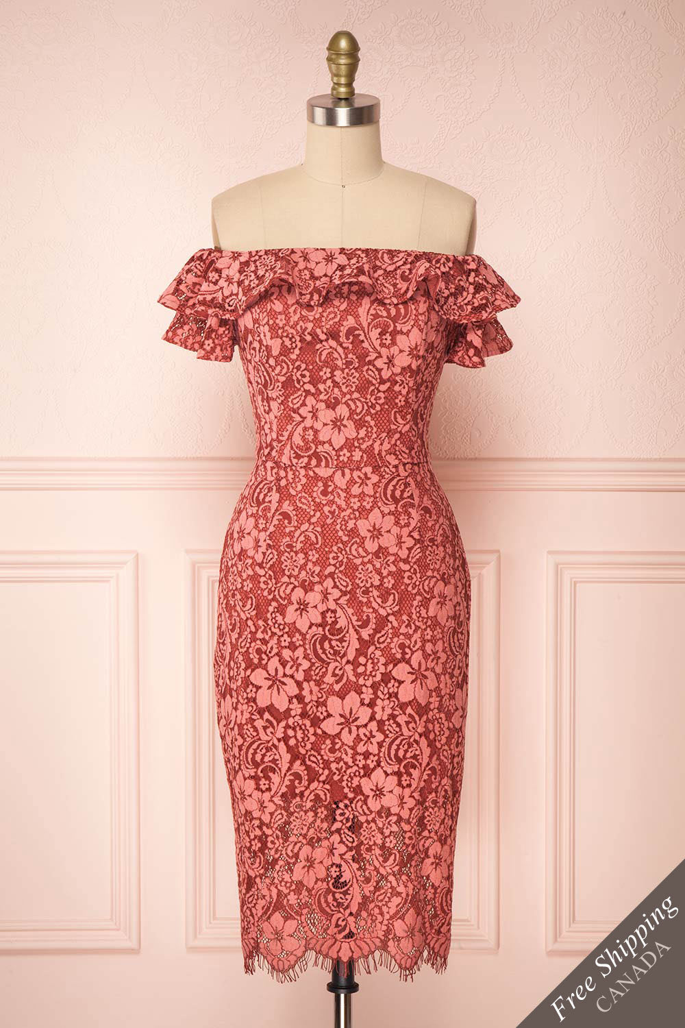  Gwendoline Pink Lace Off-Shoulder Short Fitted Dress | Boutique 1861 front view 