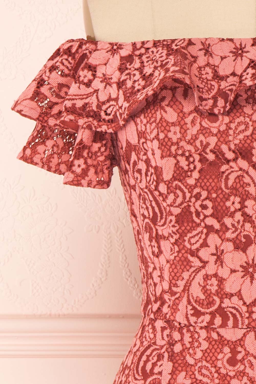 Gwendoline Pink Lace Off-Shoulder Short Fitted Dress | Boutique 1861 sleeve close-up