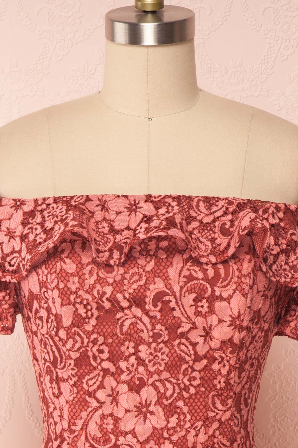 Gwendoline Pink Lace Off-Shoulder Short Fitted Dress | Boutique 1861 front close-up