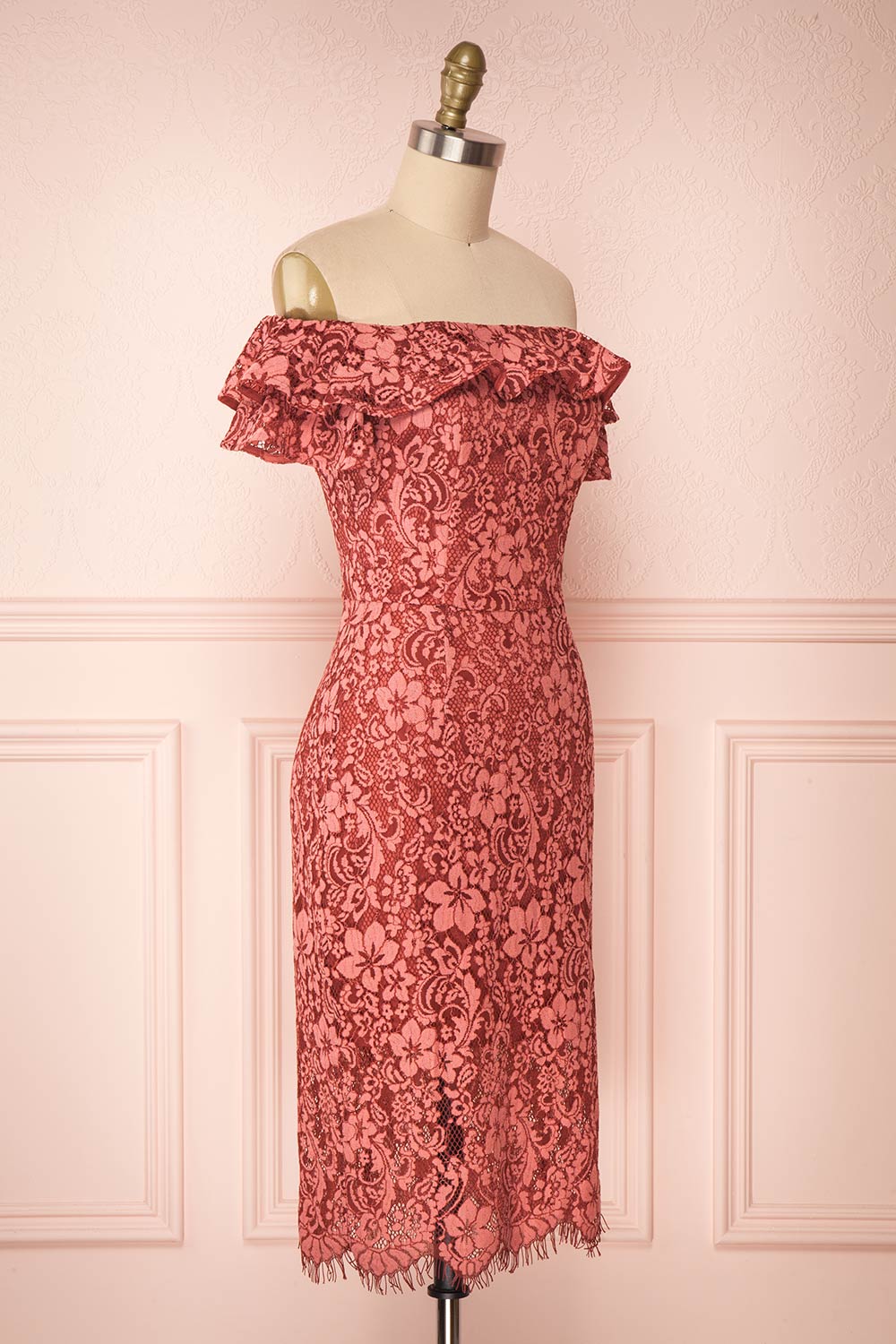 Gwendoline Pink Lace Off-Shoulder Short Fitted Dress | Boutique 1861 side view 