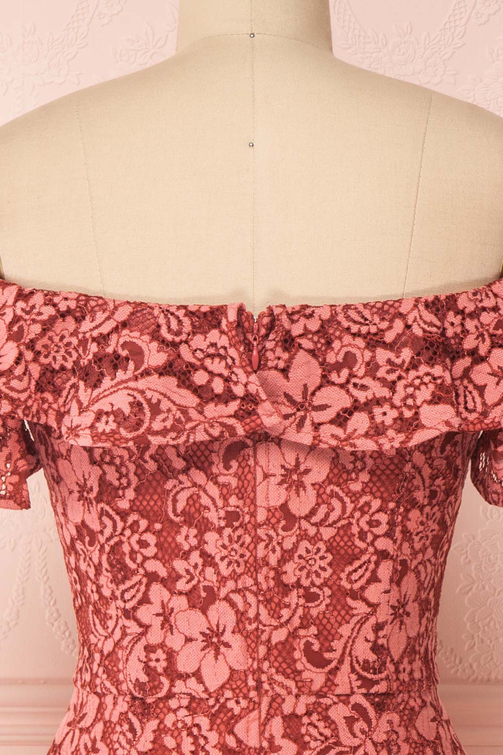 Gwendoline Pink Lace Off-Shoulder Short Fitted Dress | Boutique 1861 back close-up