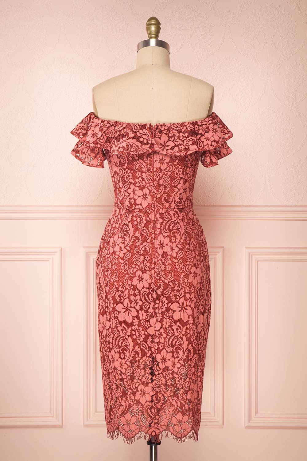 Gwendoline Pink Lace Off-Shoulder Short Fitted Dress | Boutique 1861 back view 