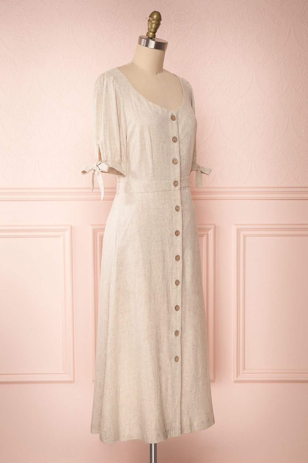 Hadeon Beige Midi A-Line Dress | Robe en Lin side view | Boutique 1861