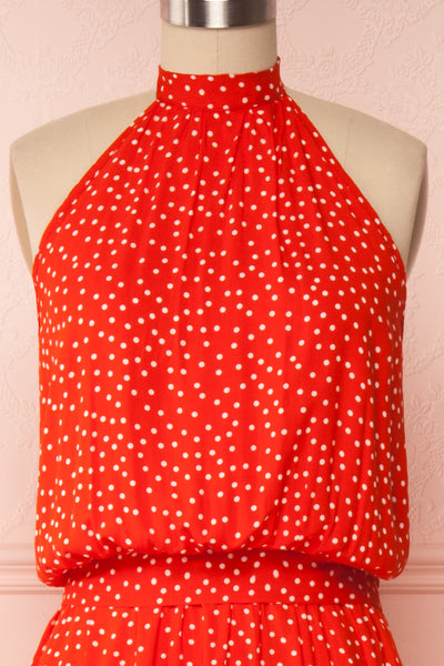 Hagoromo Red & White Polka Dots Maxi Dress | La petite garçonne front close up