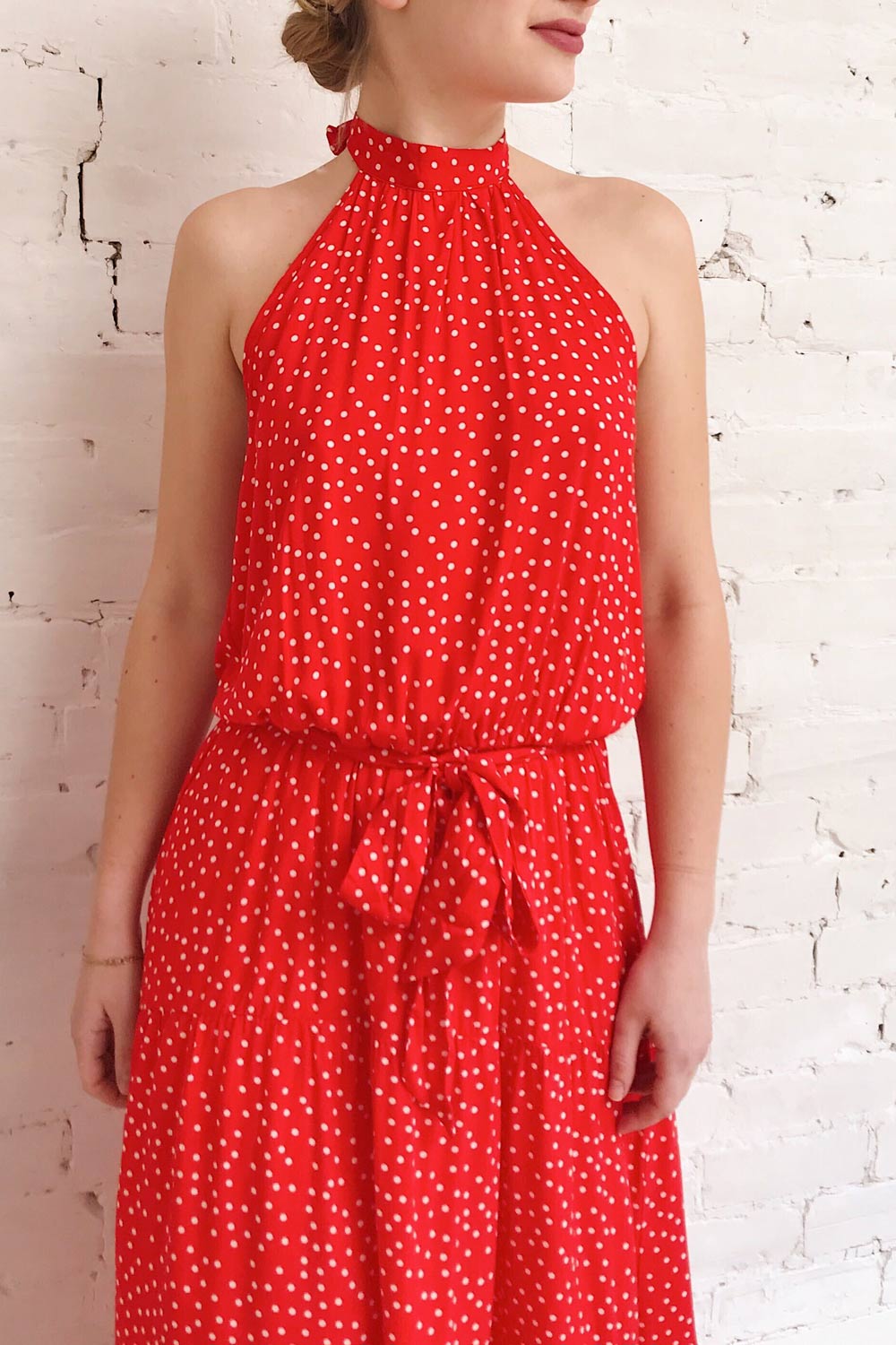 Hagoromo Red & White Polka Dots Maxi Dress | La petite garçonne model close up