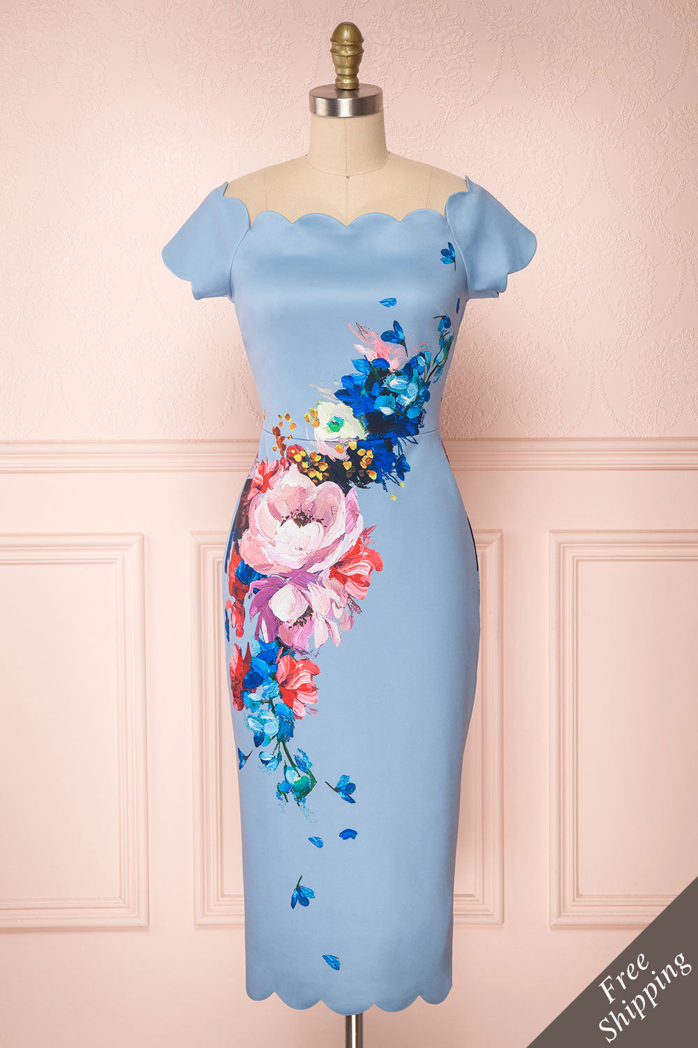 Hailly Blue Floral Scalloped Fitted Ted Baker Dress | Boutique 1861