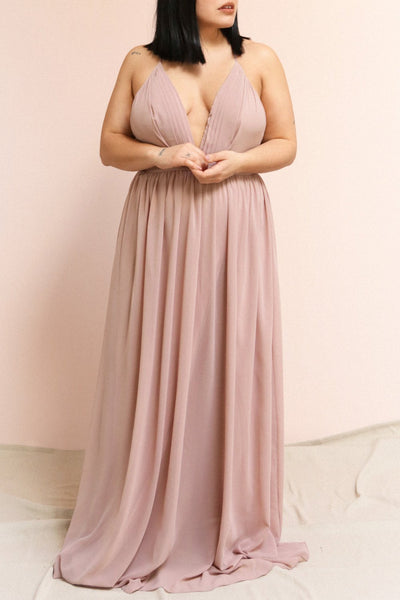 Haley Moon Grey Chiffon Gown with Plunging Neckline | Boutique 1861 on model