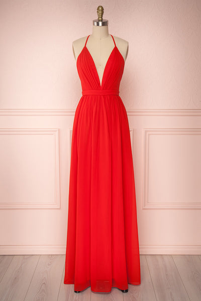Haley Passion Red Chiffon Gown with Décolleté | Boutique 1861