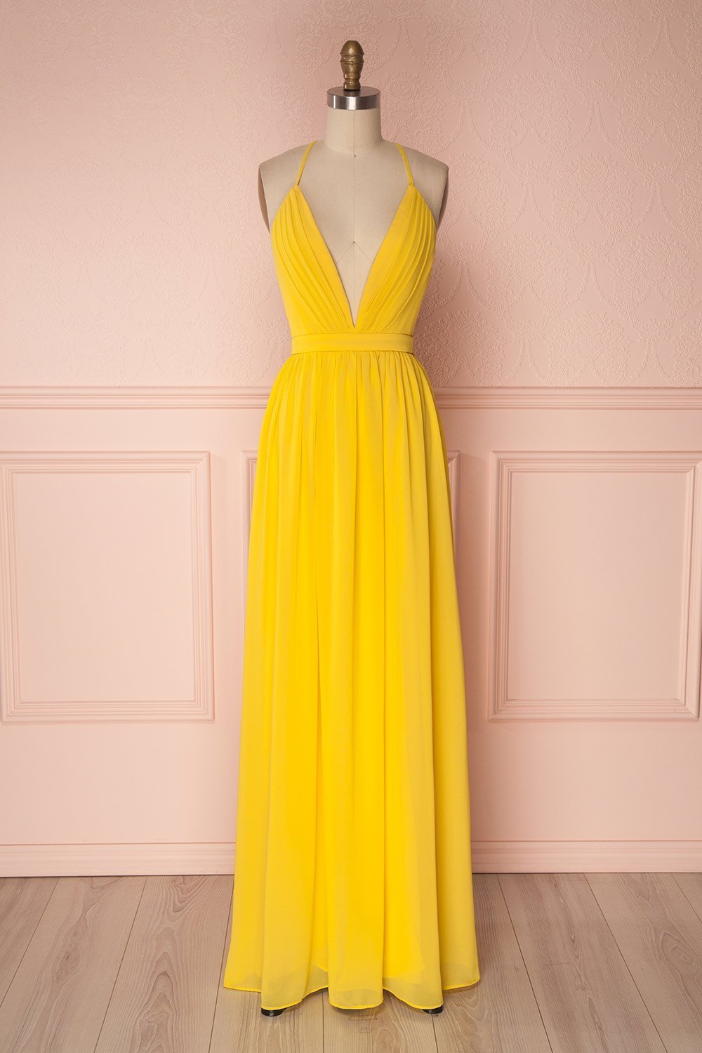 Yellow Chiffon Pleated Cheap Prom Dresses Wide Strap Beaded Waist FD36 –  Viniodress