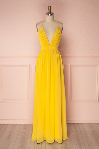 Haley Sun Yellow Chiffon Gown with Plunging Neckline | Boutique 1861