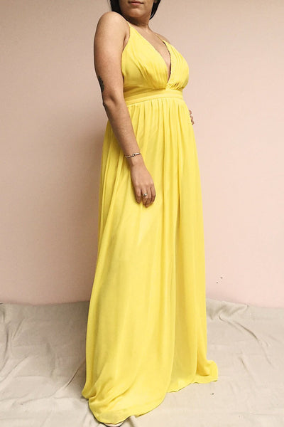 Haley Sun Yellow Chiffon Gown with Plunging Neckline | Boutique 1861 on model