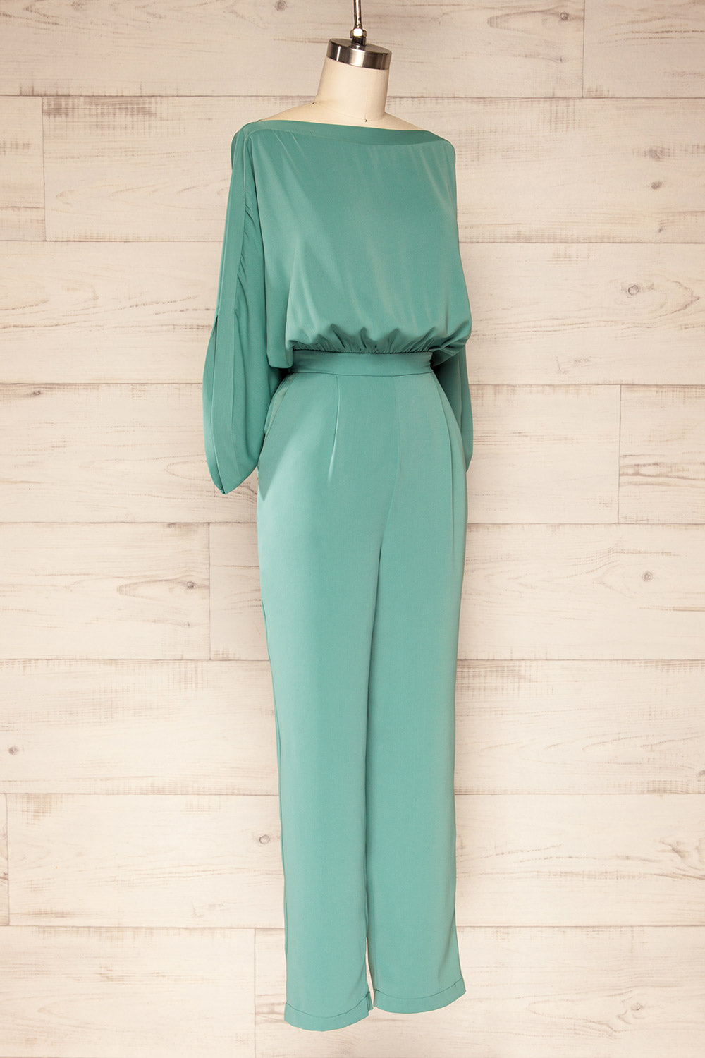 Hanrine Green Boat Neckline Jumpsuit w/ Pockets | La petite garçonne side view 