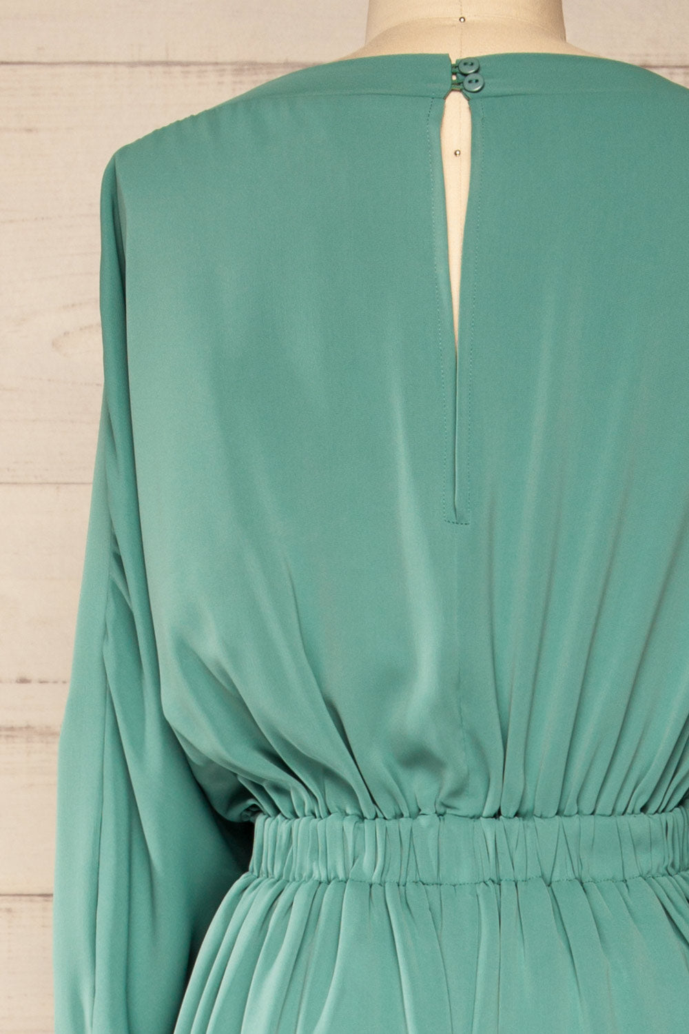 Hanrine Green Boat Neckline Jumpsuit w/ Pockets | La petite garçonne back close-up