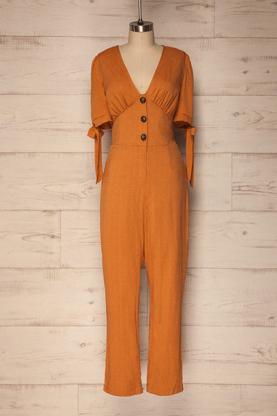 Harre Orange Puff Sleeved Button-Up Jumpsuit | La Petite Garçonne
