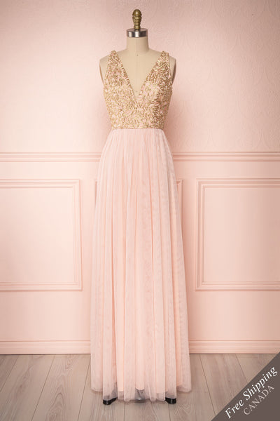 Harriet Pink & Gold Floral Tulle A-Line Gown | Boutique 1861