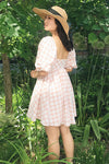 Conie Pink | Puffed Sleeves Short Checkered Dress model back
