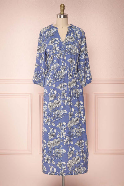 Haydn Light Blue Floral Midi Dress with Ruffles | Boutique 1861