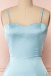 Hellee Blue Light Blue Silky Maxi Dress | Boudoir 1861 front close-up