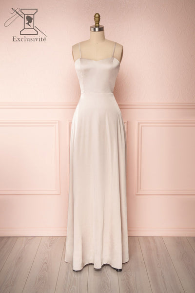 Hellee Cream Beige Silky Maxi Dress | Boudoir 1861 front view