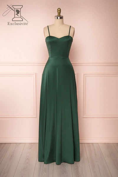 Hellee Green Dark Green Silky Maxi Dress | Boudoir 1861 front view
