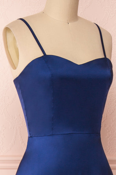 Hellee Navy Blue Silky Maxi Dress | Boudoir 1861 side close-up