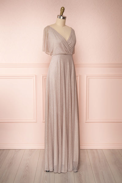 Helma Taupe Maxi Dress | Robe Maxi Taupe | Boutique 1861 side view