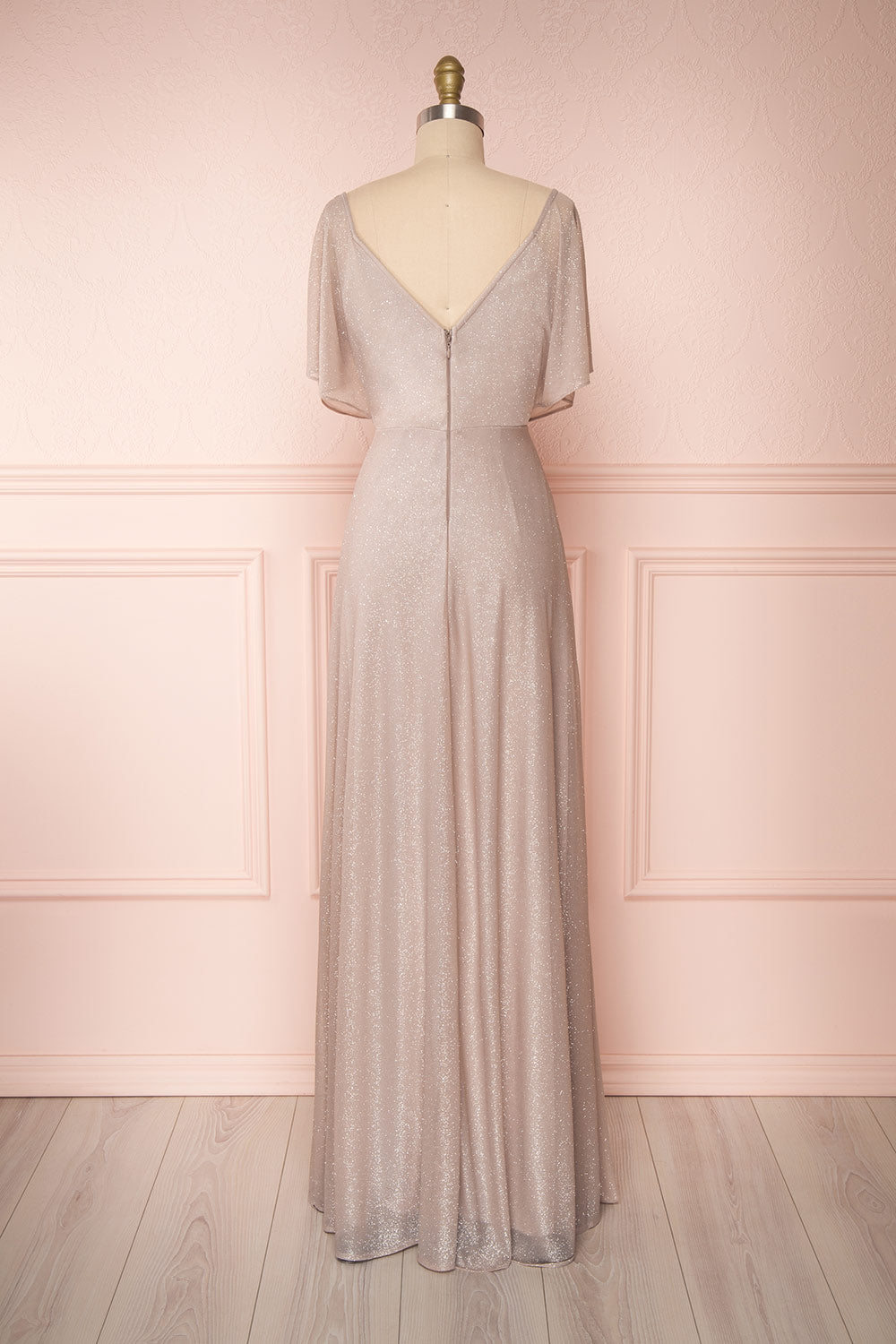 Helma Taupe Maxi Dress | Robe Maxi Taupe | Boutique 1861 back view 