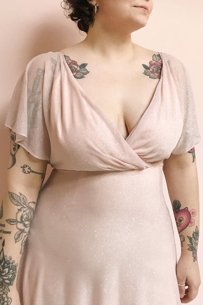 Helma Blush Pink Sparkling Maxi Dress | Boutique 1861 model close up