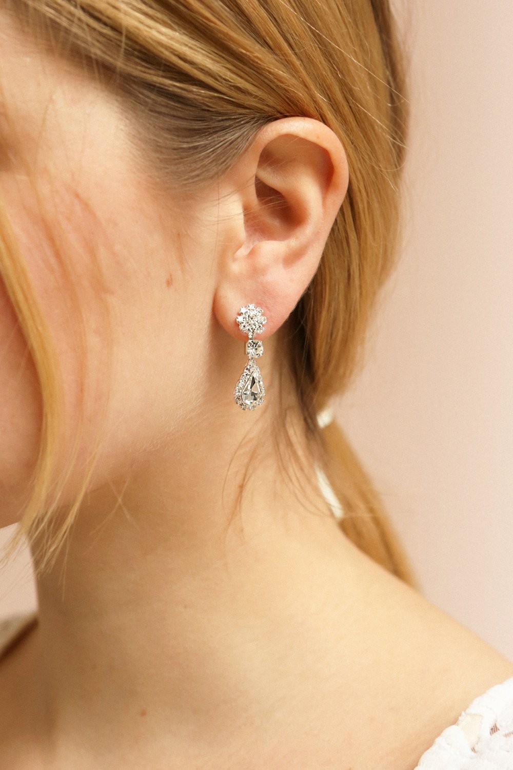 Henata Silver Pendant Earrings w/ Crystal | Boutique 1861 on model