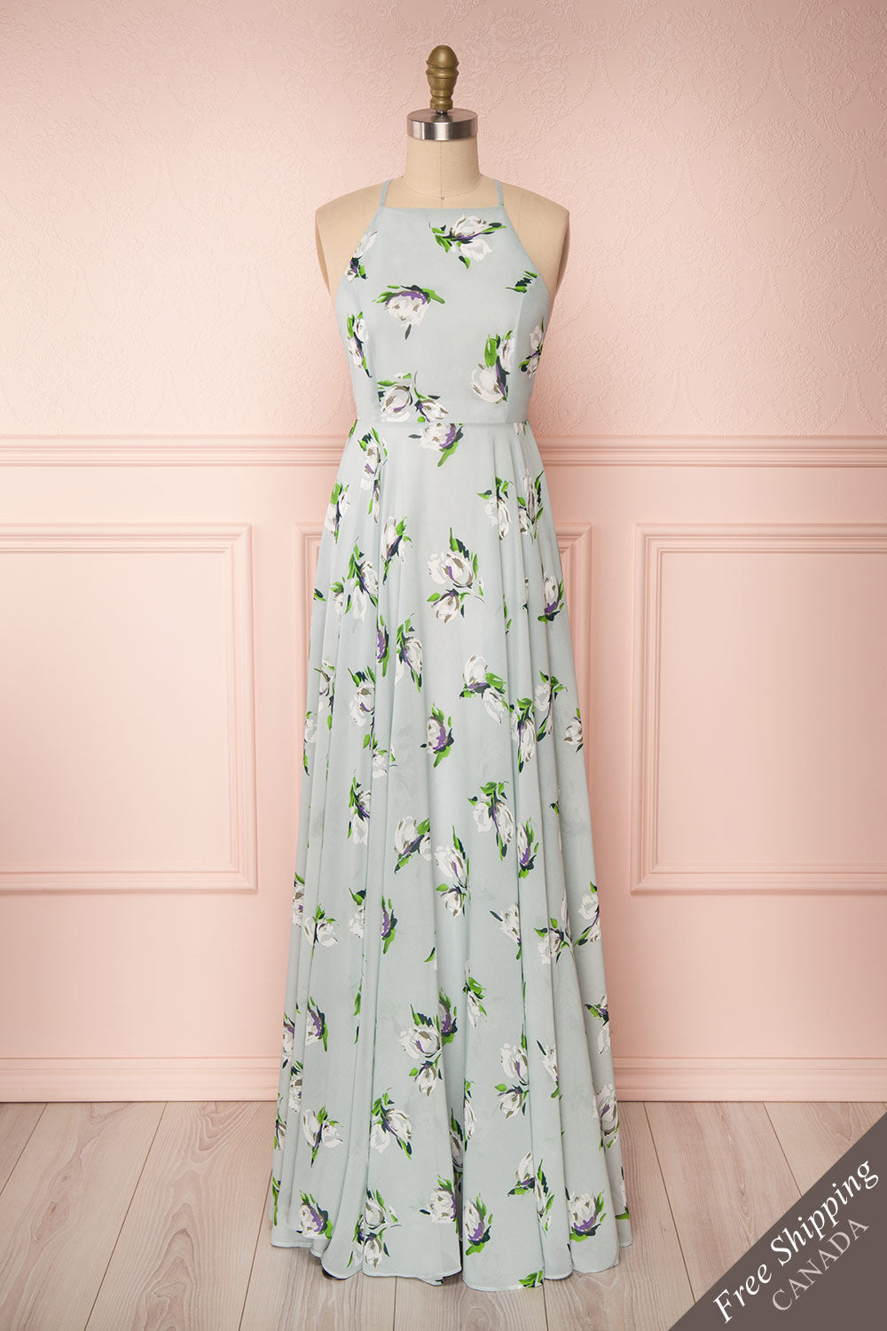 Hendrika Grey-Blue Floral Halter Maxi Dress front view FS | Boutique 1861