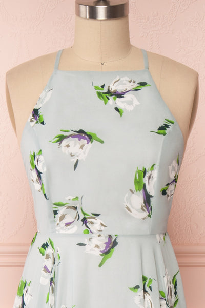 Hendrika Grey-Blue Floral Halter Maxi Dress front close up | Boutique 1861