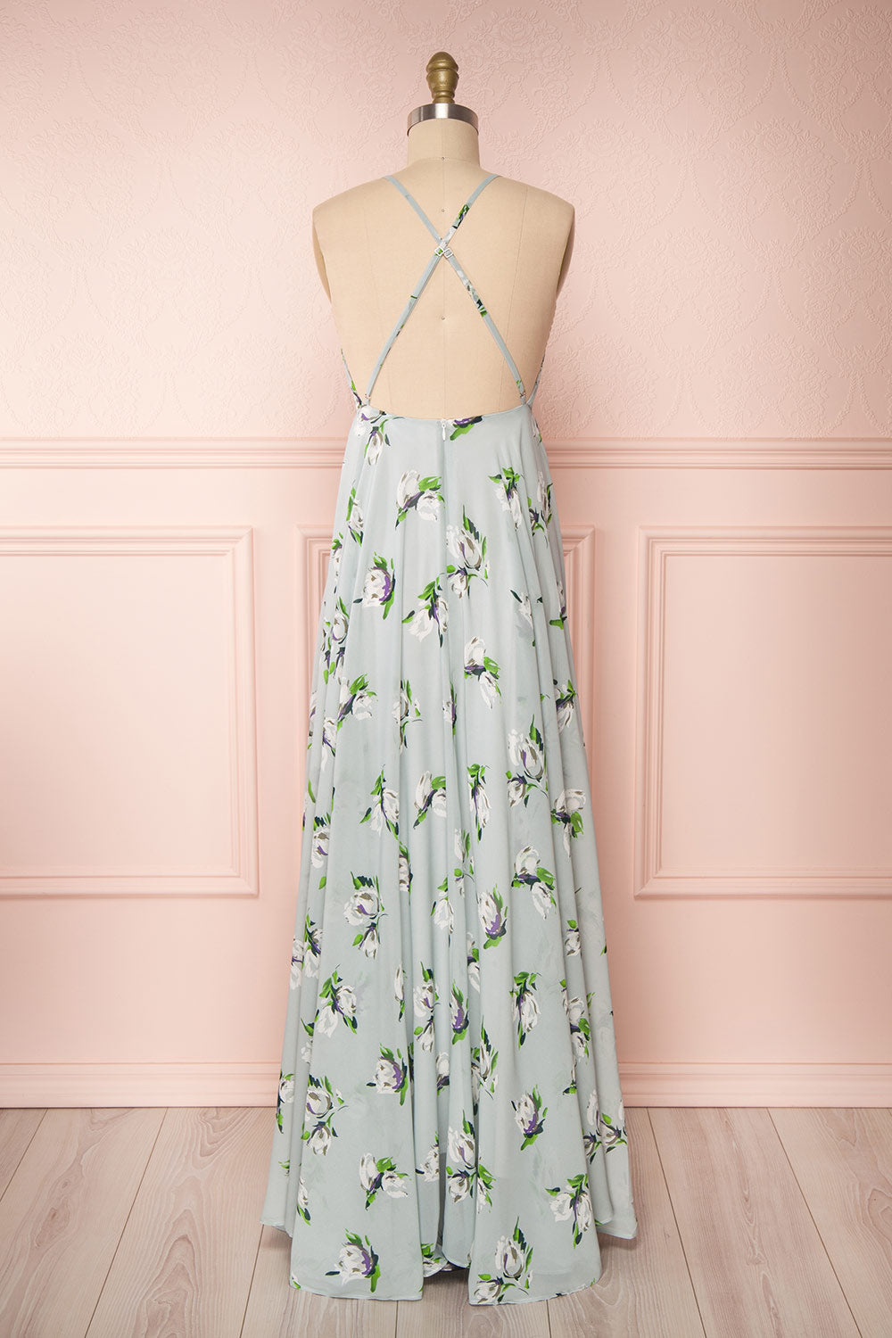 Hendrika Grey-Blue Floral Halter Maxi Dress back view | Boutique 1861