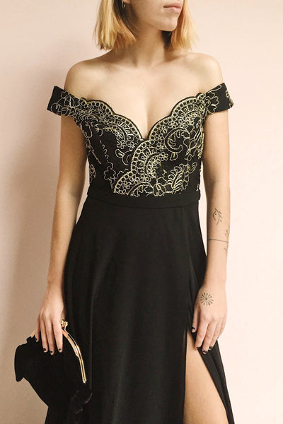 Hermeline Black & Gold Maxi Dress | Boutique 1861 on model close up