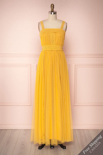 Hinerava Ochre Yellow Lace & Mesh Empire Maxi Dress | Boutique 1861