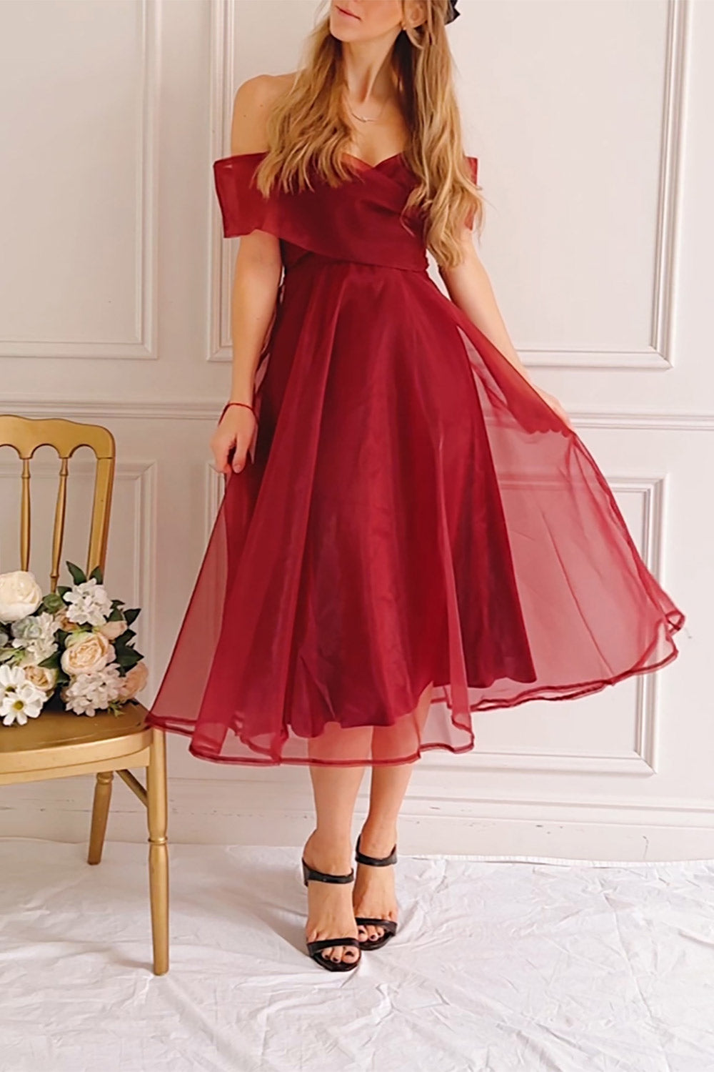 Holly Burgundy Off-Shoulder Organza Midi Dress | Boutique 1861 on model