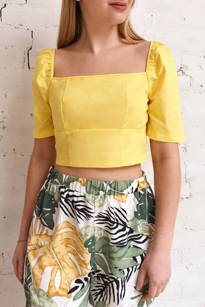 Hosanna Yellow Ruched Short Sleeve Crop Top | Boutique 1861 on model