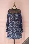 Huang Blue Ruffled Openwork A-line Dress with Flowers | Boutique 1861
