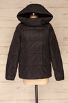 Huddersfield Black Short Quilted Coat with Hood | La Petite Garçonne front view hood