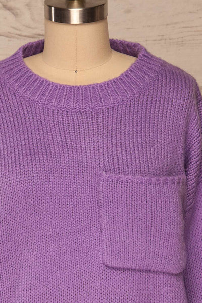 Huesca Purple Pompom Knitted Sweater | La petite garçonne front close up