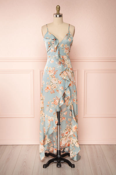 Ignatia Blue Floral Maxi Dress w/ Ruffles | Boutique 1861 front view